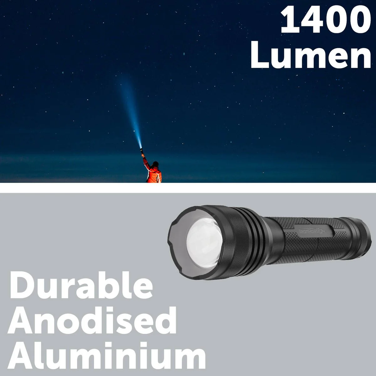 Ironhorse 1400lm Premium Torch Flashlight - Adjustable Focus - Black - 6 AA Batteries - Image 4
