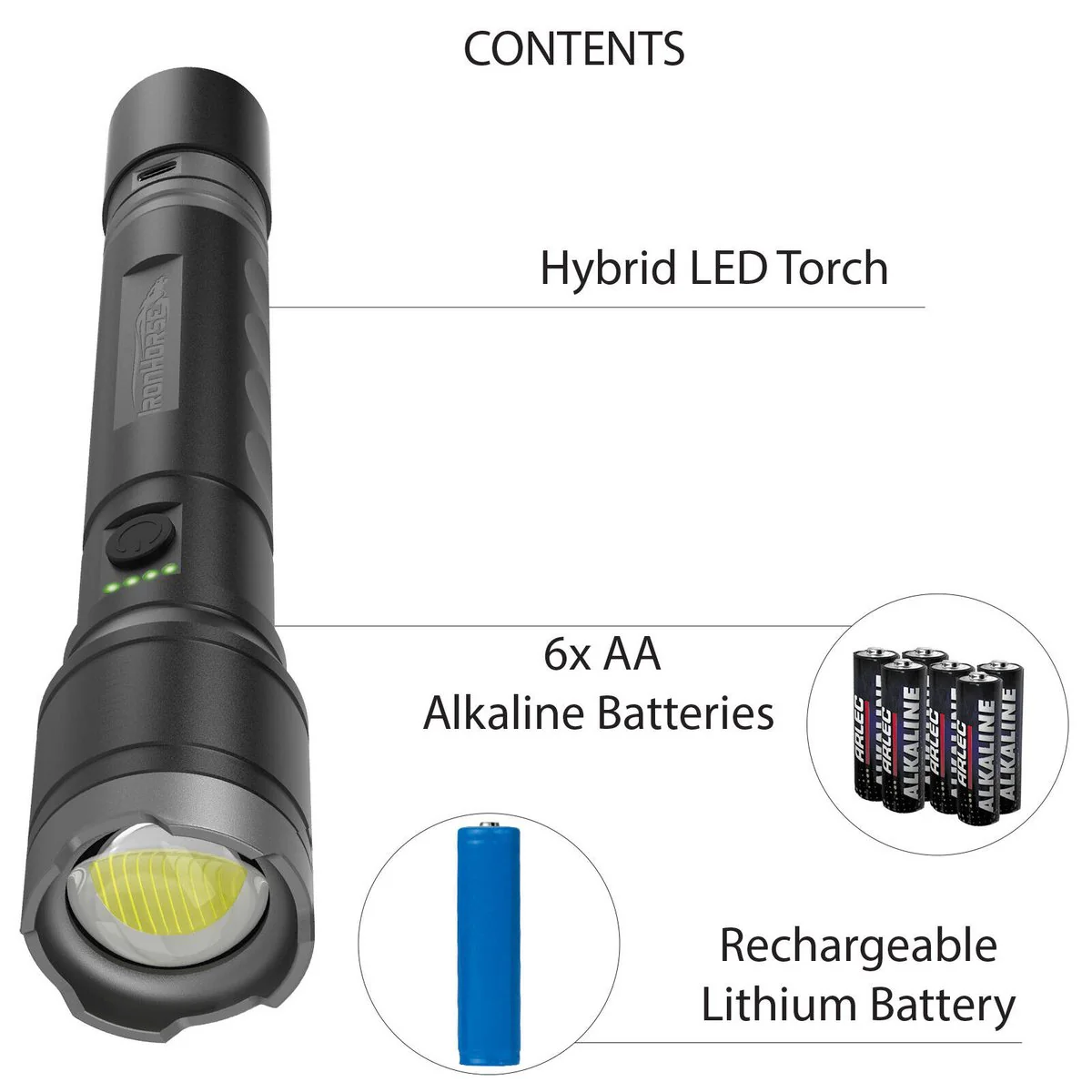 Ironhorse 2200lm Premium Hybrid Dual Power Torch Flashlight - 300mm - Black/Gun Metal - Rechargeable - Adjustable Focus - Water Resistant - Image 3