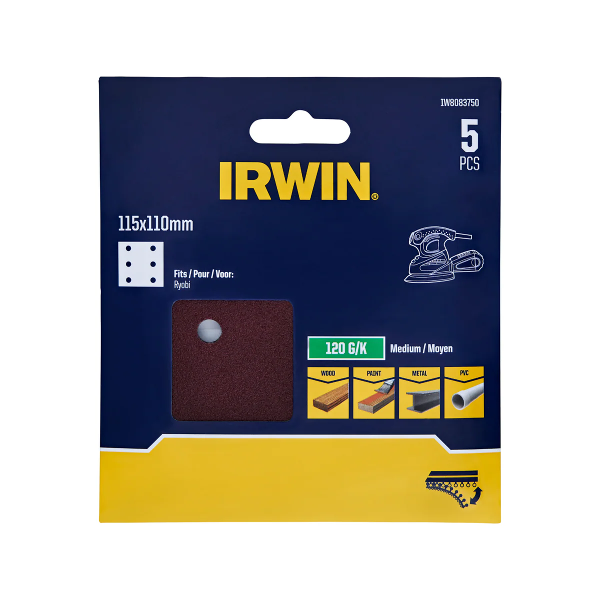 Irwin 115 x 110mm 120 Grit Sanding Sheets 5 Pack - Aluminium Oxide - 6 Holes