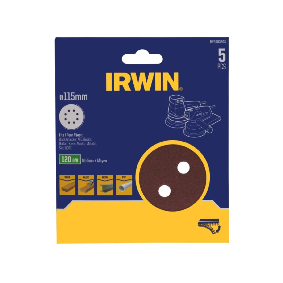 Irwin 115mm Quick Fit Random Orbital Sanding Discs 5 Pack - 80 Grit - Aluminium Oxide