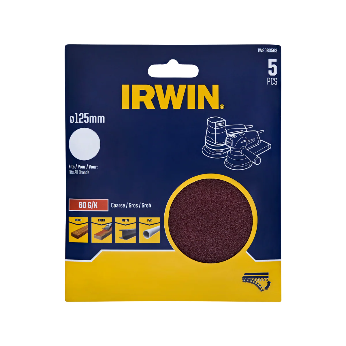 Irwin 125mm 60 Grit Quick Fit No Holes Random Orbital Sanding Discs 5 Pack - Efficient Stock Removal - Compatible with Multi-Tool Attachments