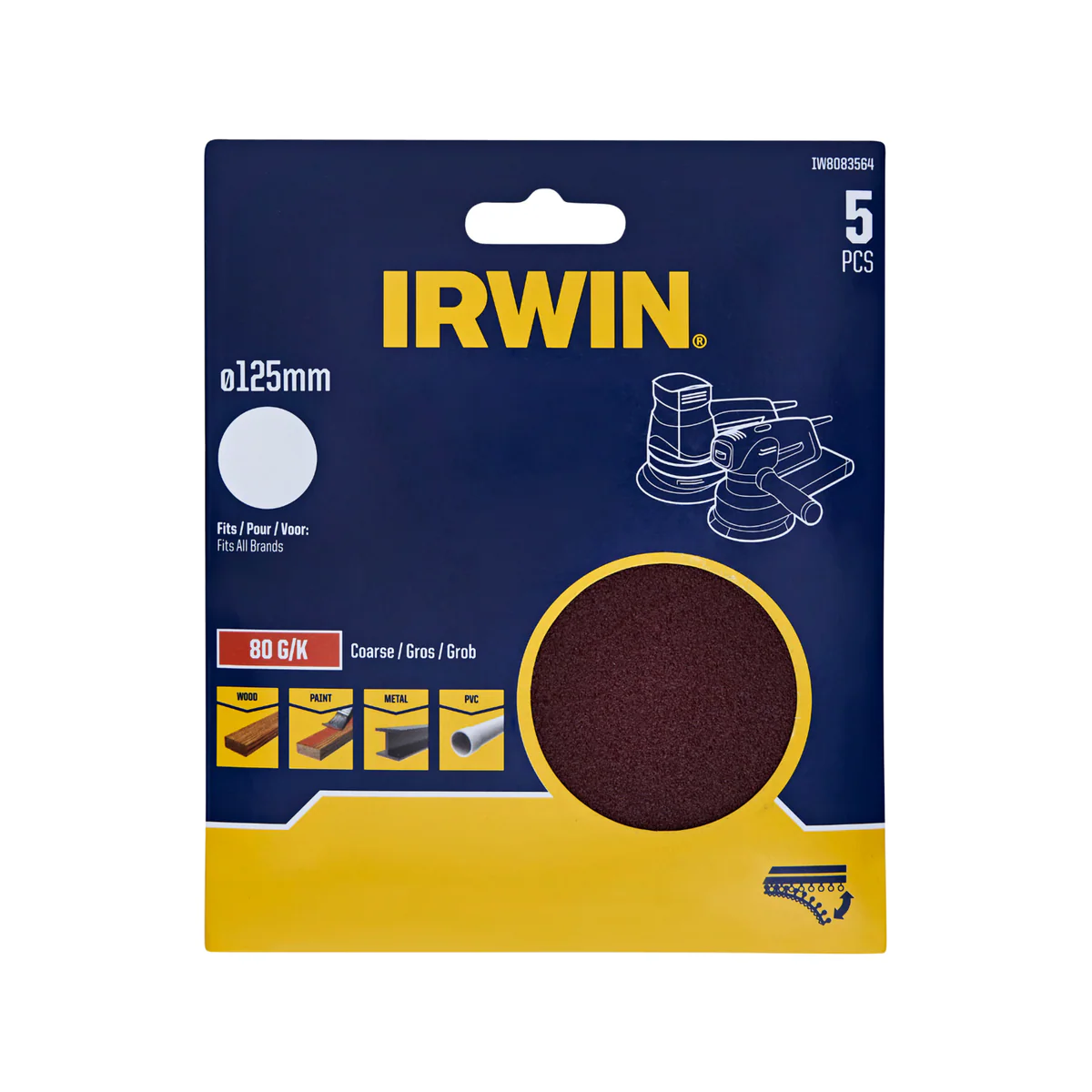 Irwin 125mm 80 Grit Quick Fit No Holes Random Orbital Sanding Discs - 5 Pack - Efficient Stock Removal