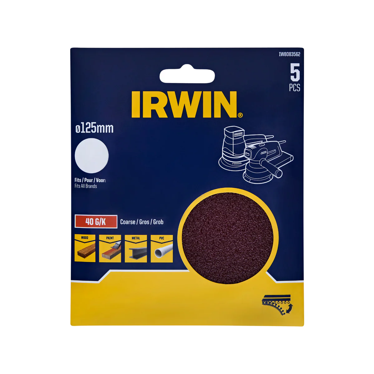 Irwin 125mm Quick Fit No Holes Random Orbital Sanding Discs 5 Pack - 40 Grit - Efficient Stock Removal
