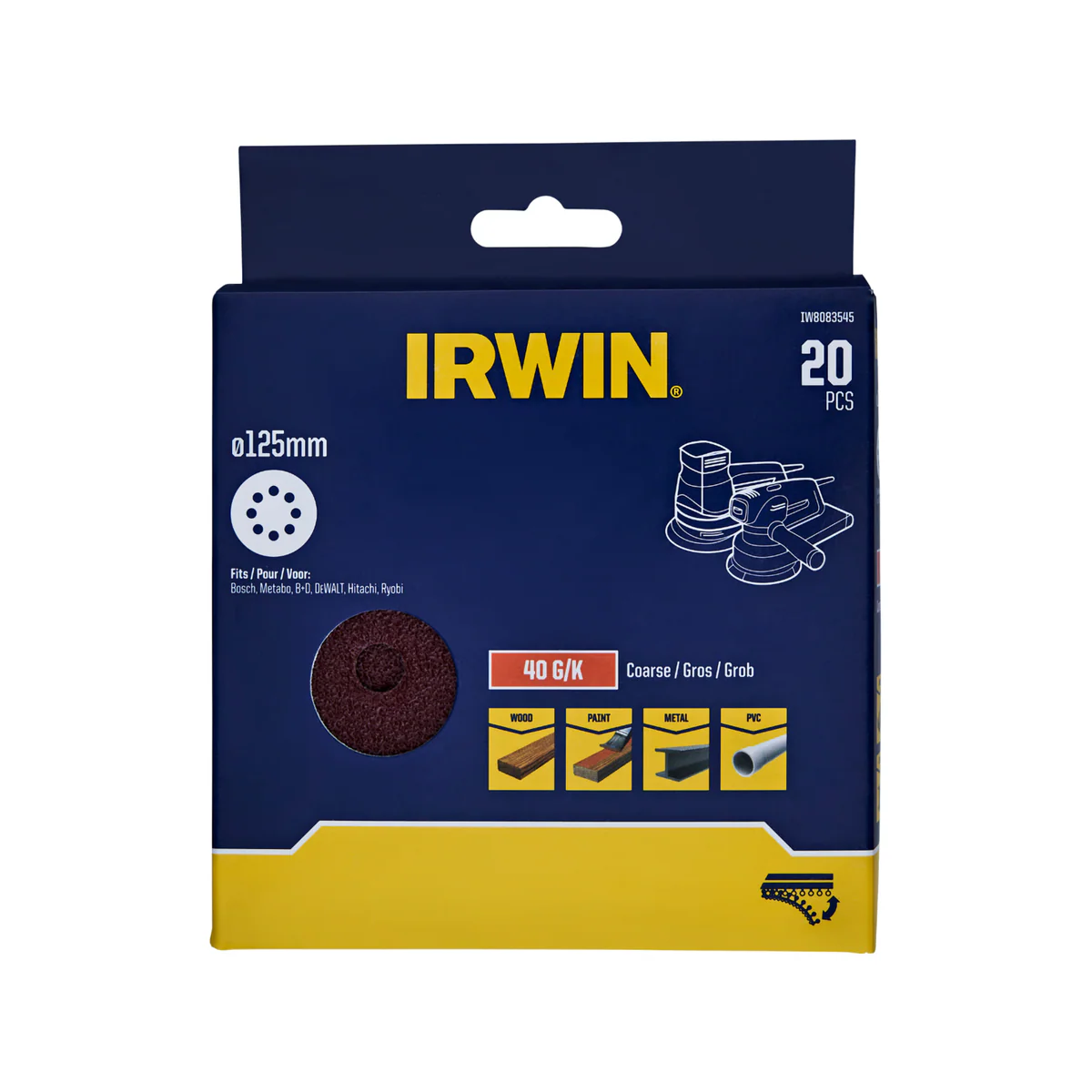 Irwin 125mm Quick Fit Random Orbital Sanding Discs 20 Pack - 40 Grit - Durable