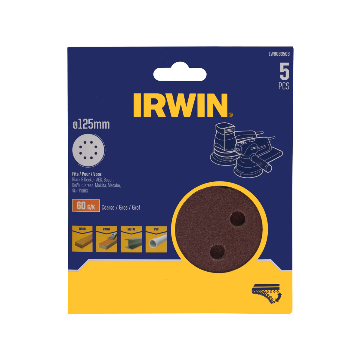 Irwin 125mm Quick Fit Random Orbital Sanding Discs 5 Pack - 60 Grit - Aluminium Oxide
