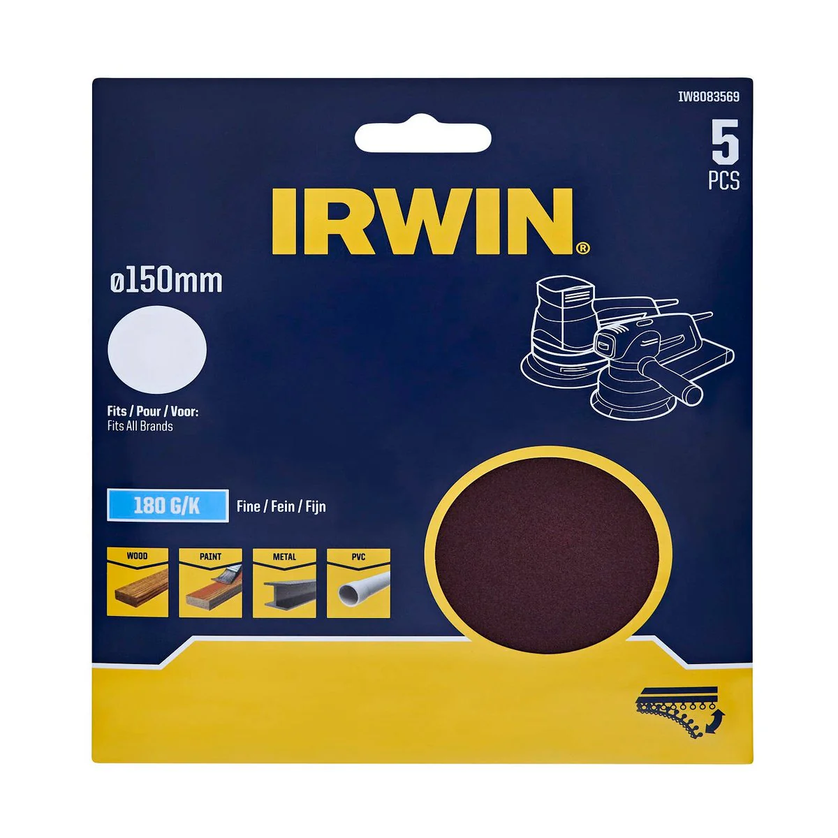 Irwin 150mm 180 Grit No Holes Quick Fit Random Orbital Sanding Discs - 5 Pack - Efficient Stock Removal - Aluminium Oxide