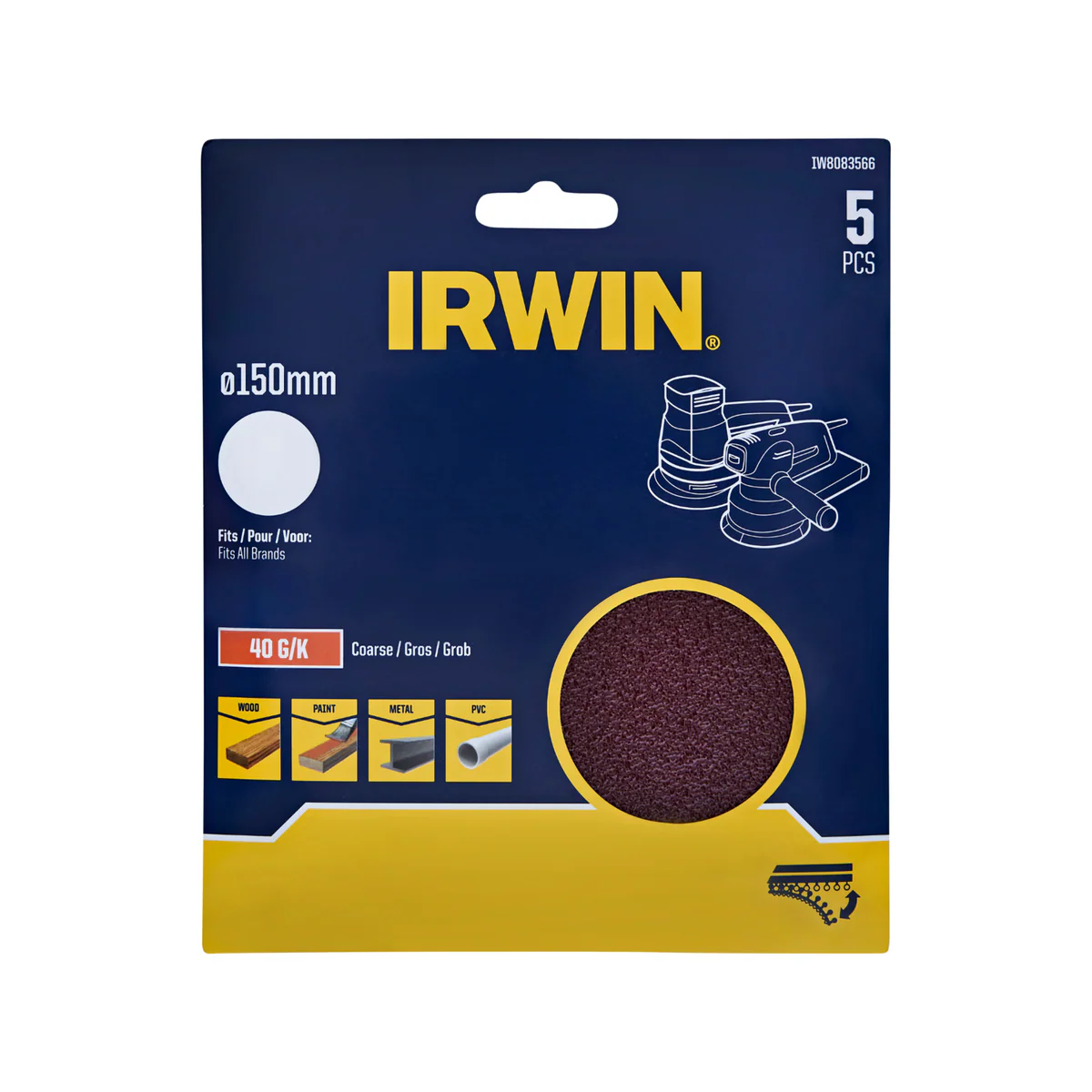 Irwin 150mm 40 Grit Quick Fit Random Orbital Sanding Discs 5 Pack - Efficient Stock Removal