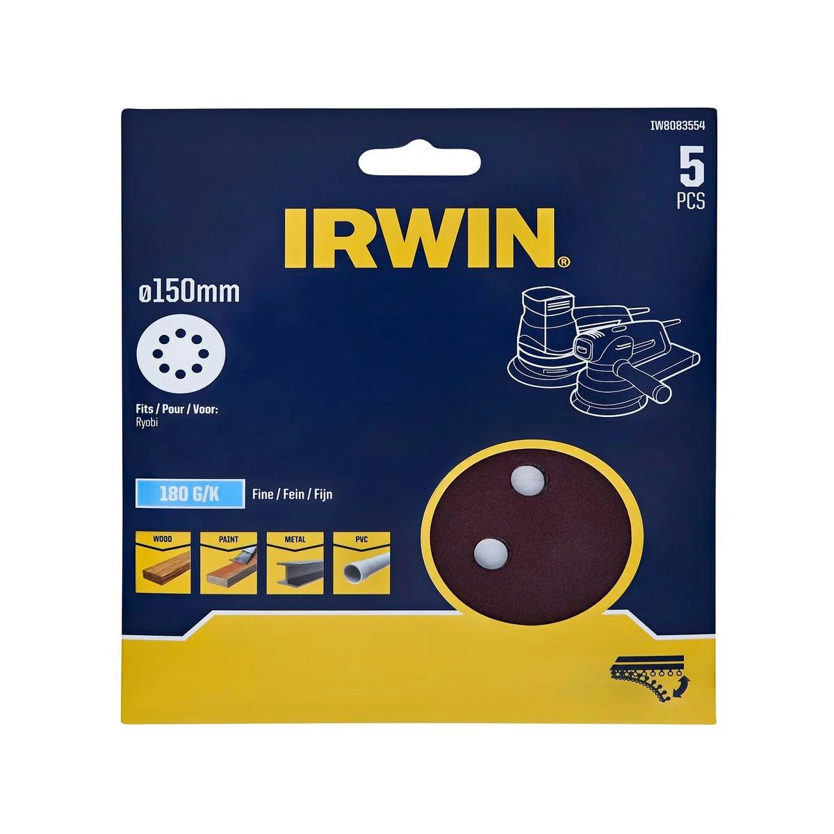 Irwin 150mm Quick Fit Random Orbital Sanding Disc 5 Pack - 180 Grit - Efficient Sanding
