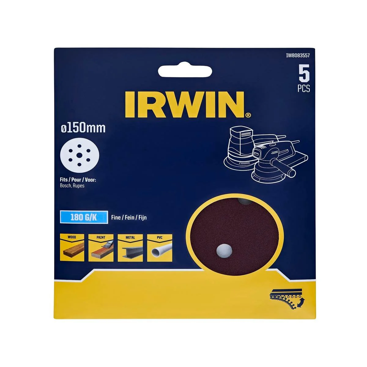 Irwin 150mm Quick Fit Random Orbital Sanding Discs 5 Pack - 180 Grit - Efficient Smoothing
