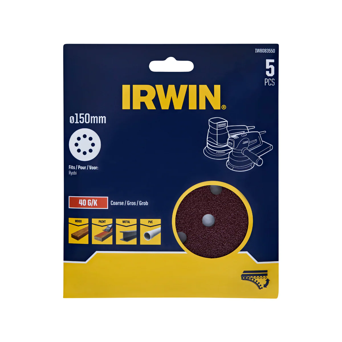Irwin 150mm Quick Fit Random Orbital Sanding Discs 5 Pack - 40 Grit - Efficient Stock Removal