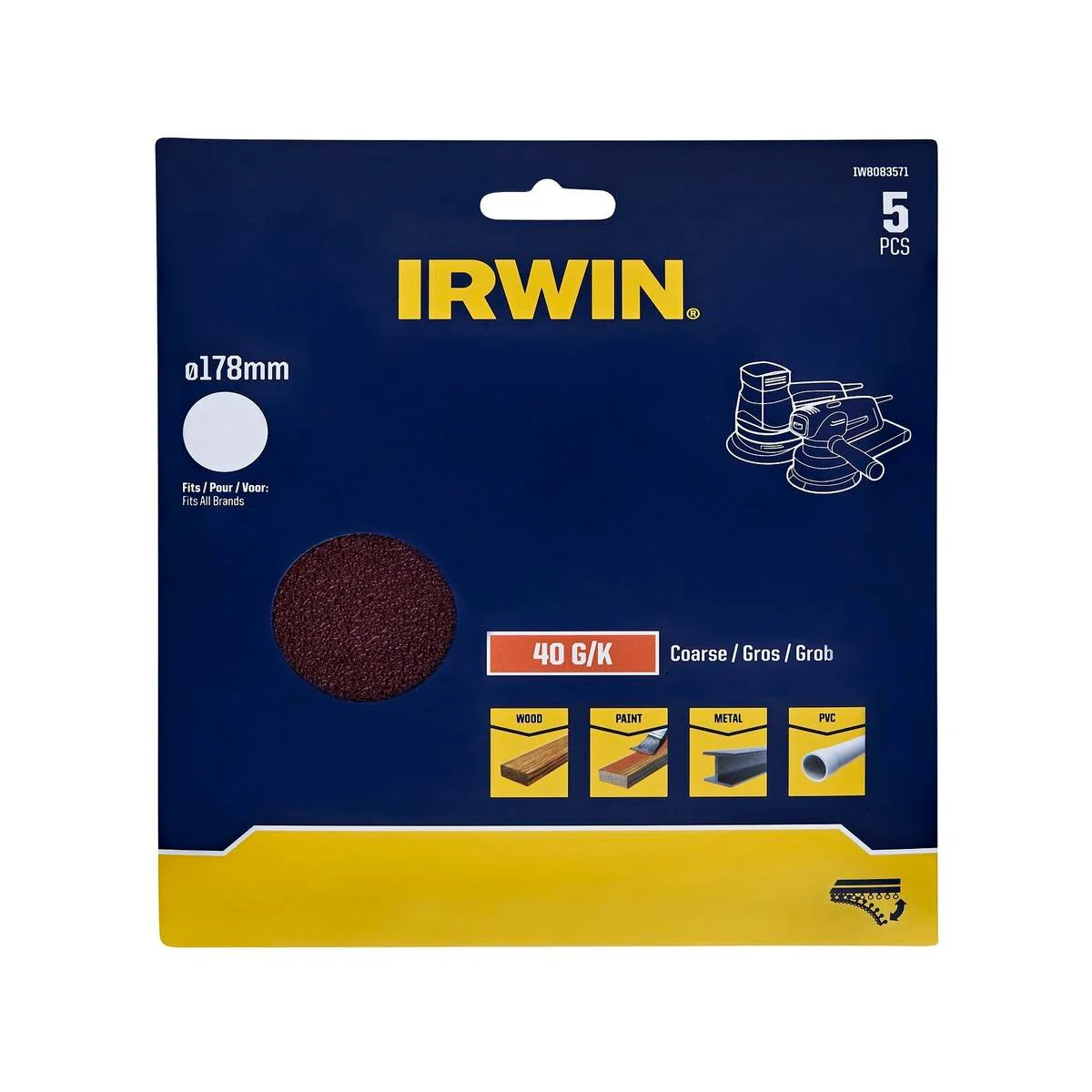 Irwin 178mm Quick Fit Random Orbital Sanding Disc 5 Pack - 40 Grit - Aluminium Oxide - Efficient Stock Removal