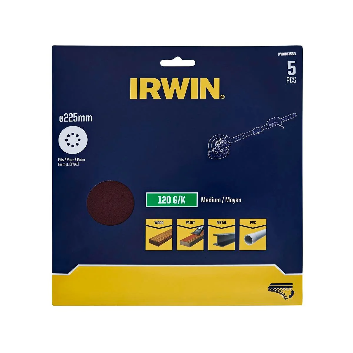 Irwin 225mm Quick Fit Drywall Discs 180 Grit 5 Pack - Efficient Sanding