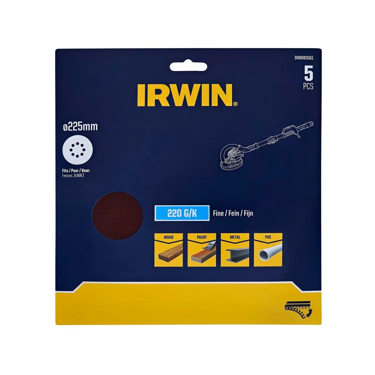Irwin 225mm Quick Fit Drywall Discs 5 Pack - 180 Grit - Dust Extraction