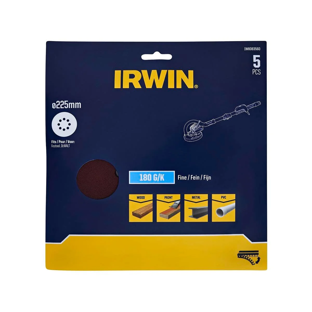 Irwin 225mm Quick Fit Drywall Discs 5 Pack - 180 Grit - Efficient Sanding