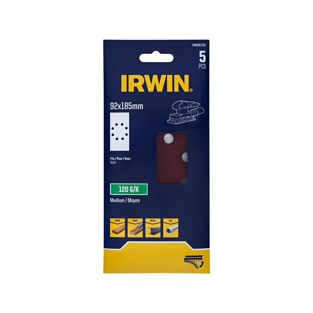 Irwin 92 x 185mm Orbital Sheets 5 Pack - 120 Grit - Aluminium Oxide - Smoothing