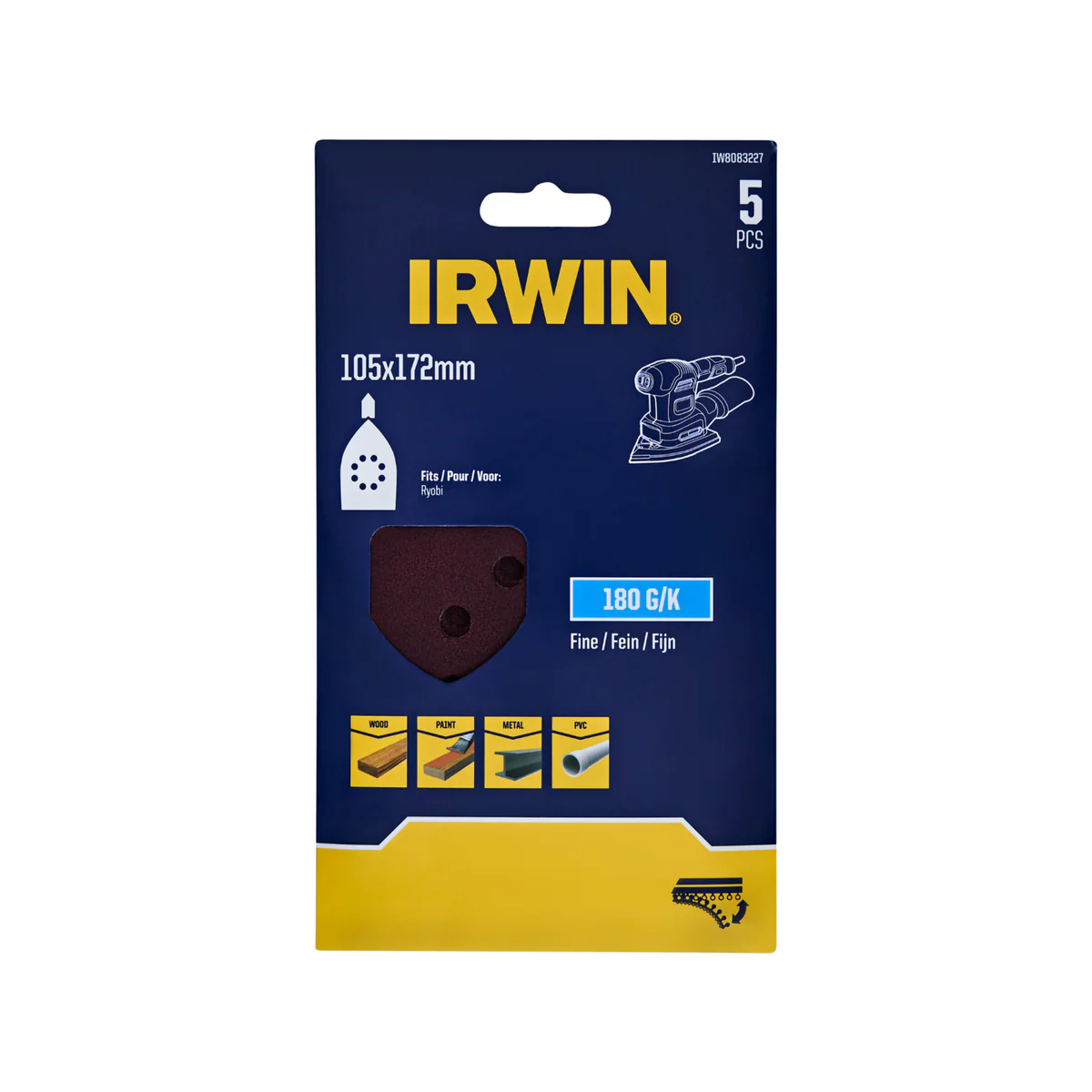 Irwin Detail Sheets 180 Grit 5 Pack - 105 x 172mm - Aluminium Oxide - Smoothing