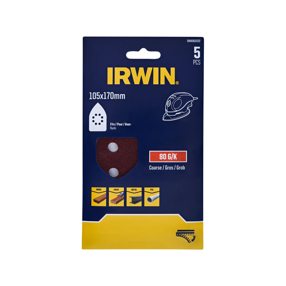 Irwin Detail Sheets 5 Pack - 105 x 170mm - 80 Grit - Aluminium Oxide - Medium Stock Removal