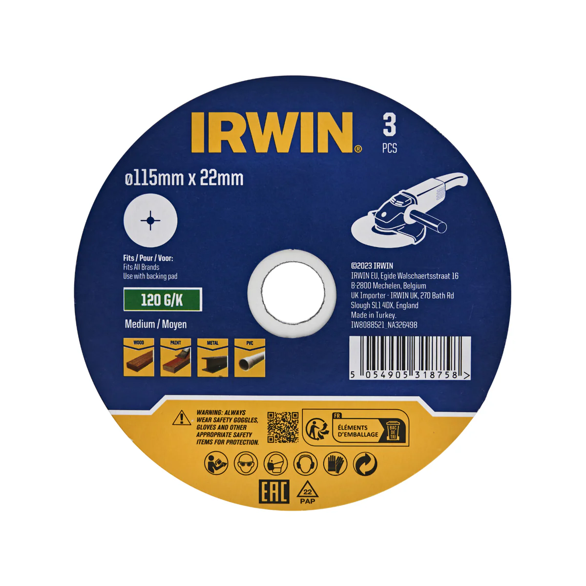 Irwin Fibre Disc 3 Pack - 115 x 22mm - 120 Grit - Wood & Metal Cleaning