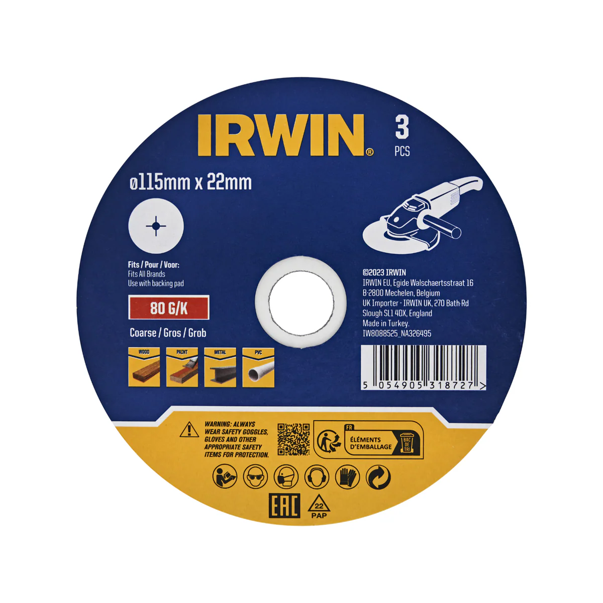 Irwin Fibre Disc 3 Pack - 115 x 22mm - 80 Grit - Aluminium Oxide - Surface Preparation