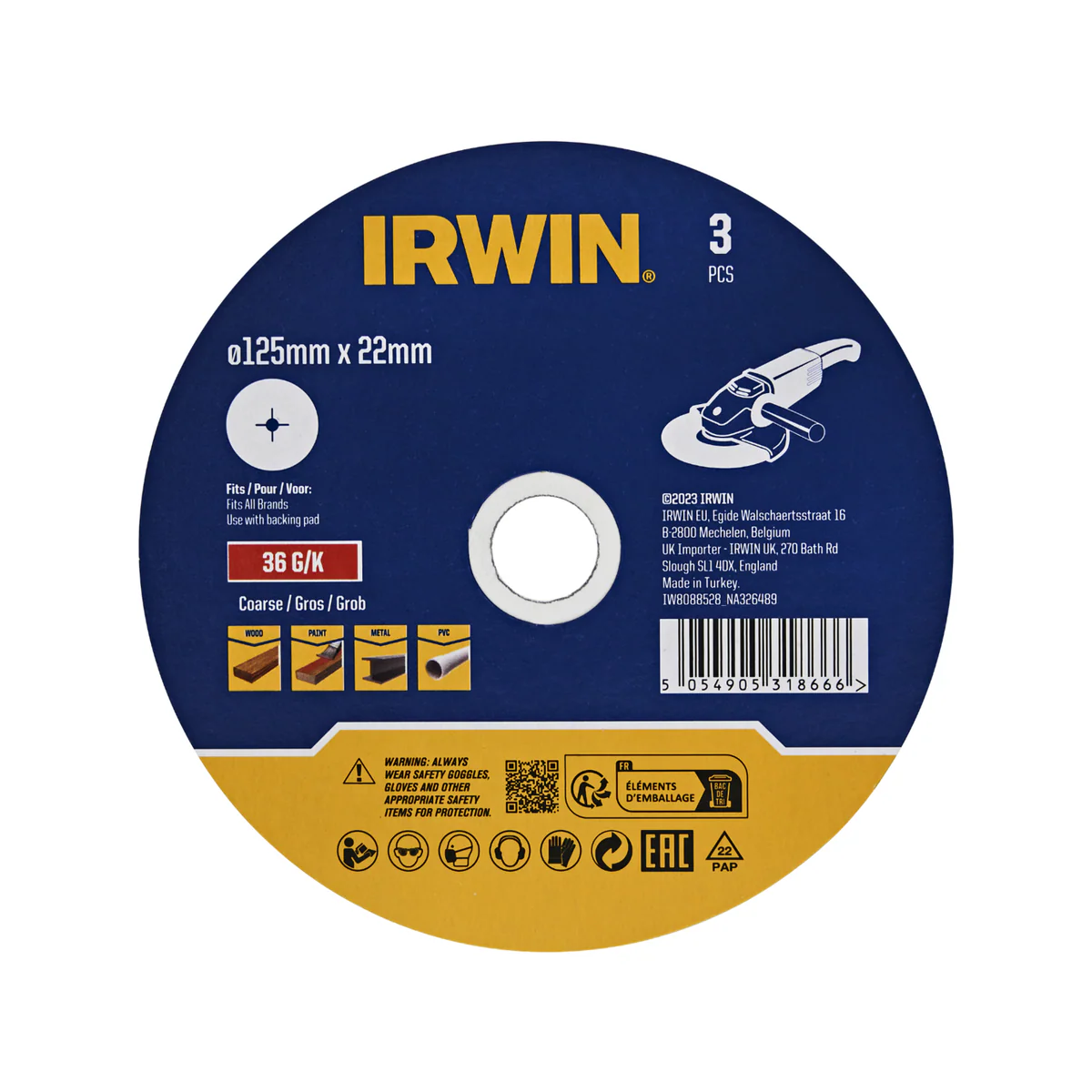 Irwin Fibre Disc 3 Pack - 125 x 22mm - 36 Grit - Aluminium Oxide - Stock Removal