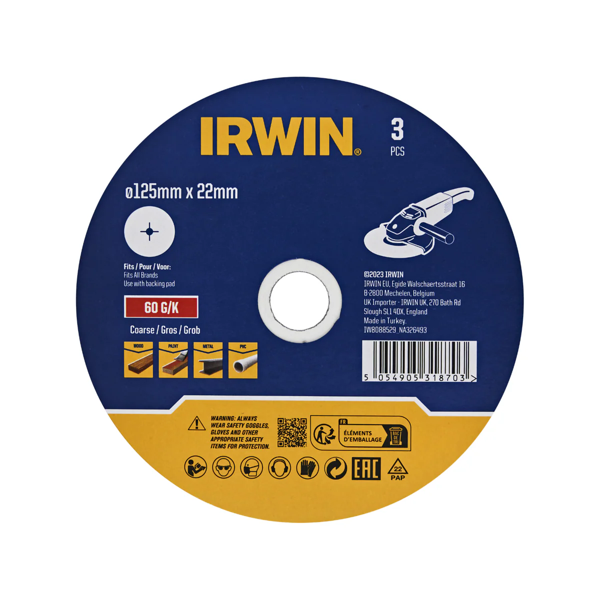 Irwin Fibre Disc 3 Pack - 125 x 22mm - 60 Grit - De-burring & Rust Removal