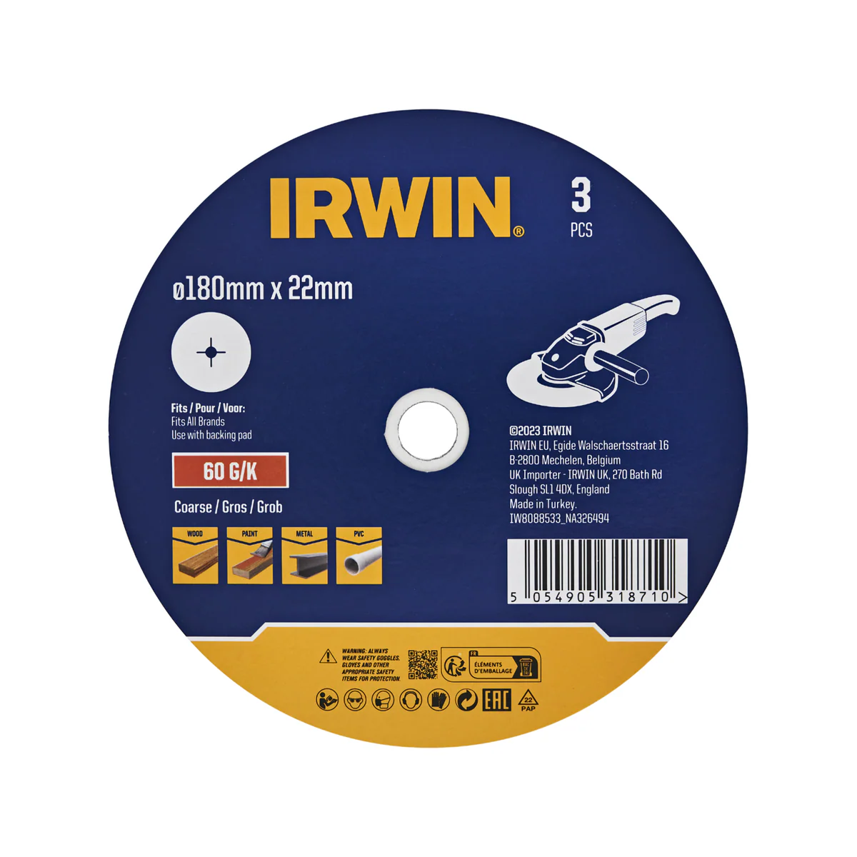 Irwin Fibre Disc 3 Pack - 180 x 22mm - 60 Grit - De-burring & Rust Removal
