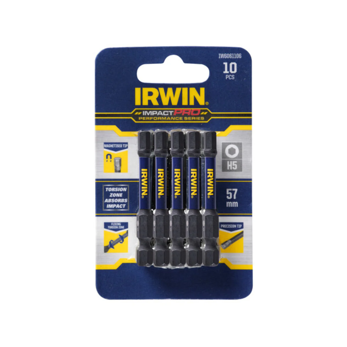 Irwin Impact Pro Performance Hex Bit - 57mm - 10 Pack - Magnetised Tips