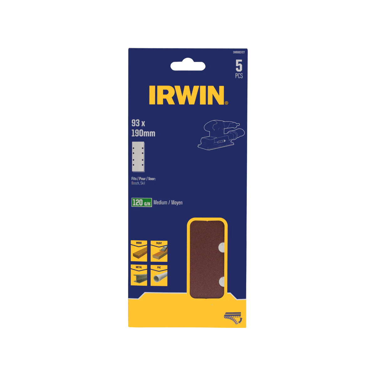 Irwin Sand Sheets 120 Grit 93 x 190mm 5 Pack - Aluminium Oxide - 8 Holes