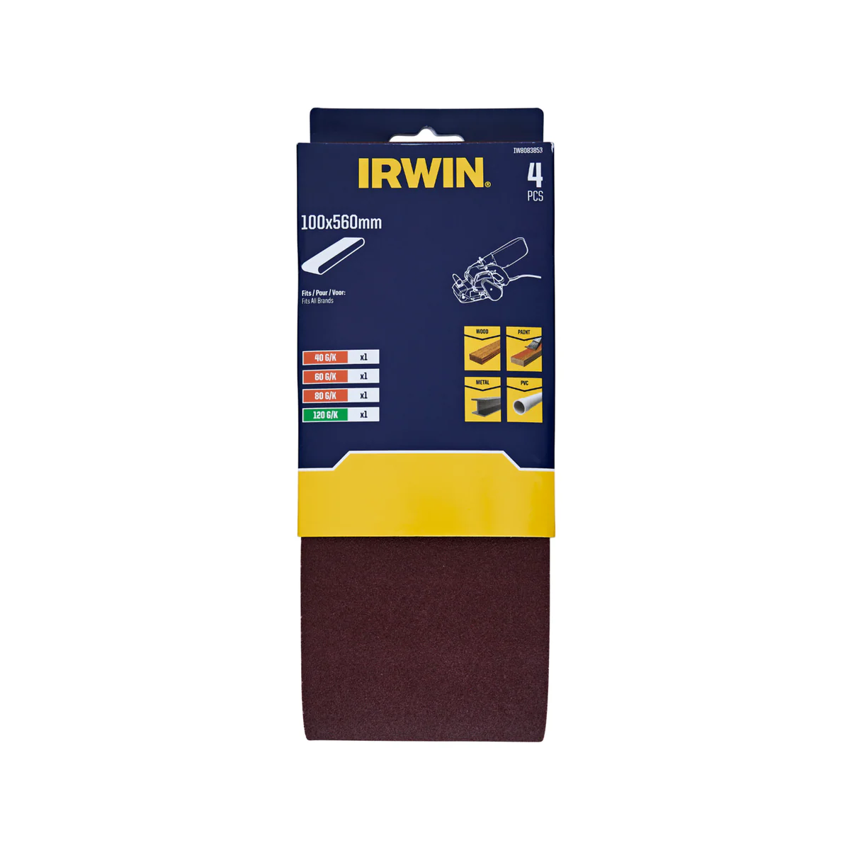 Irwin Sanding Belt 4 Pack - 100 x 560mm - Mixed Grit - Aluminium Oxide