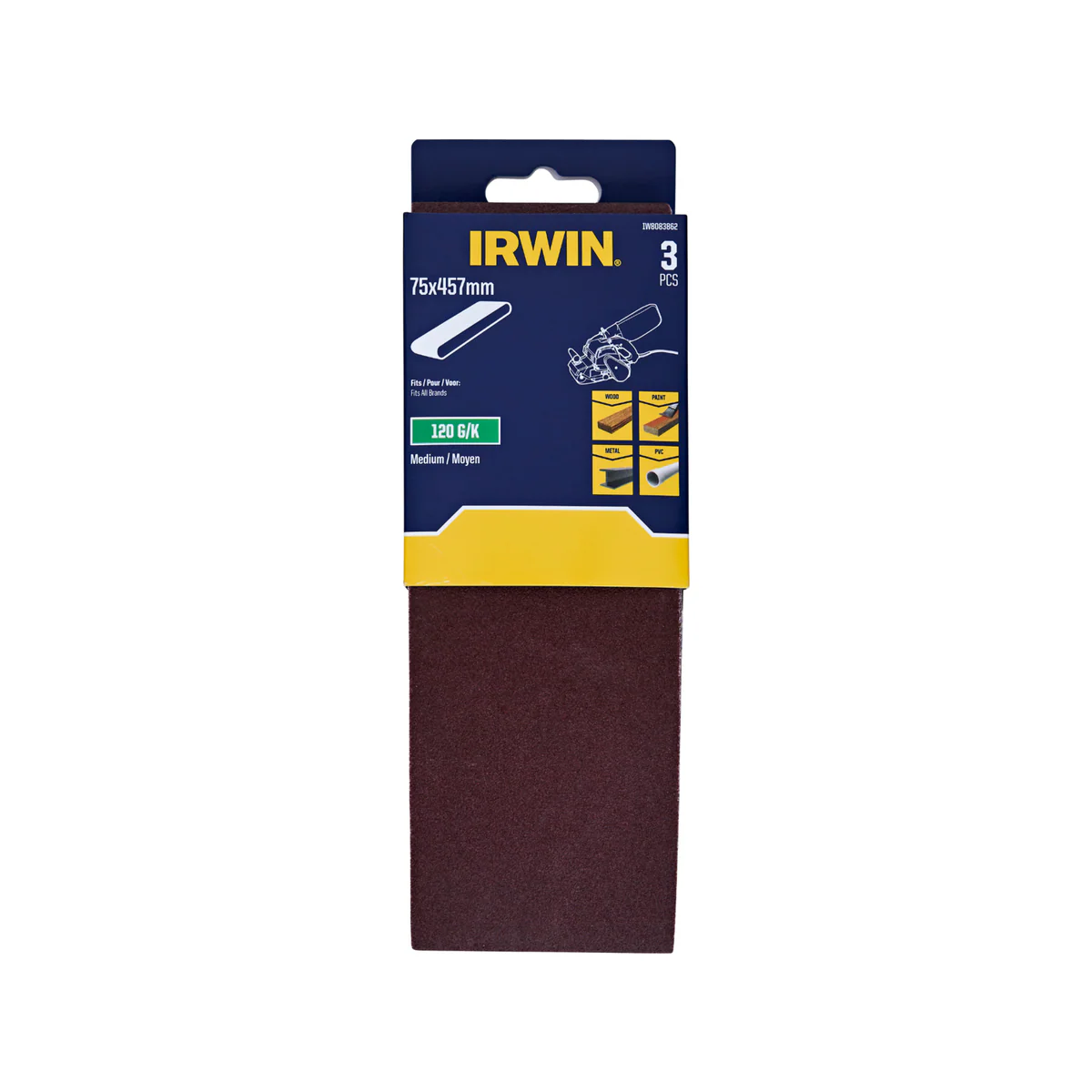 Irwin Sanding Belts 3 Pack - 75 x 457mm - 120 Grit - Woodworking & Metalworking