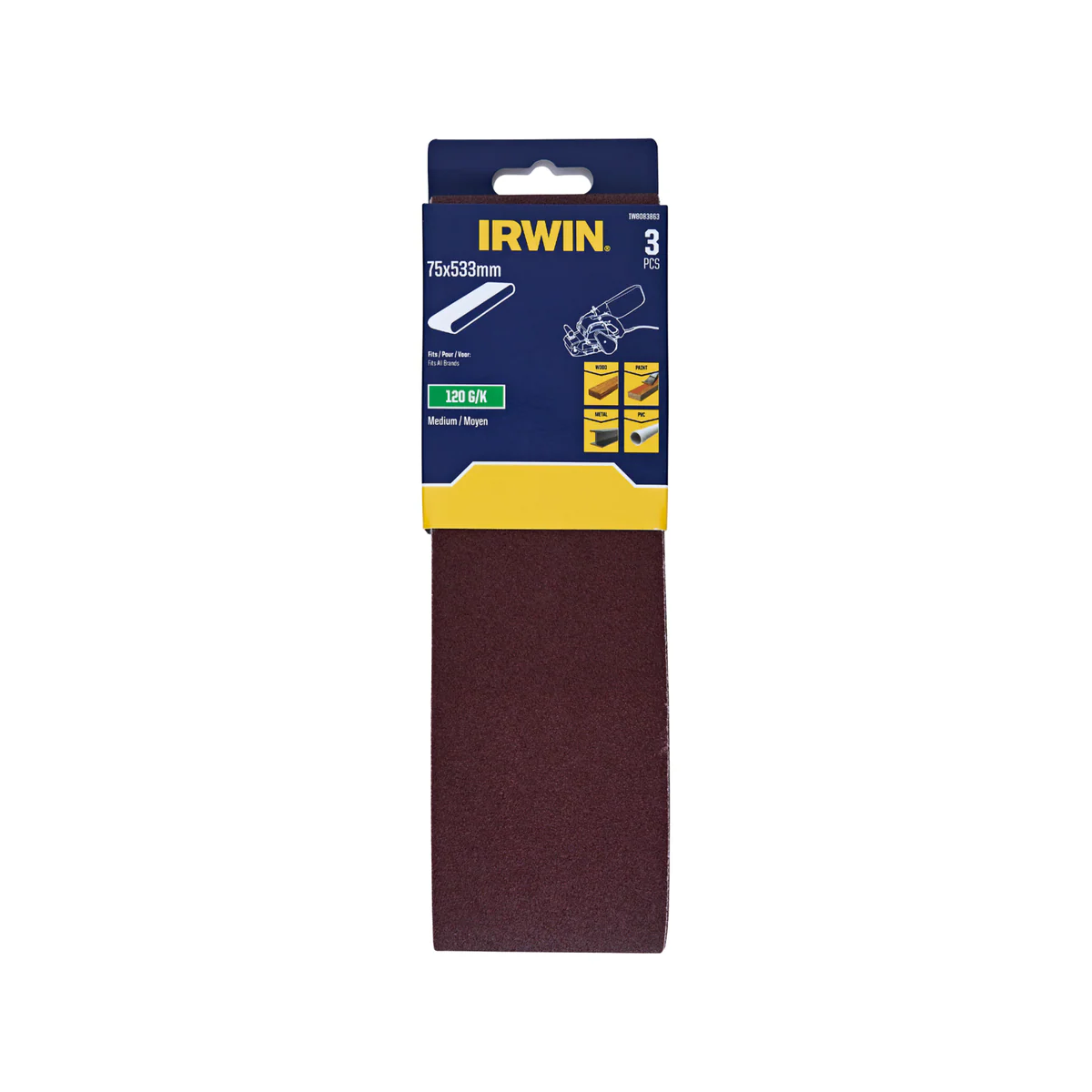 Irwin Sanding Belts 3 Pack - 75 x 533mm - 120 Grit - Wood & Metalworking