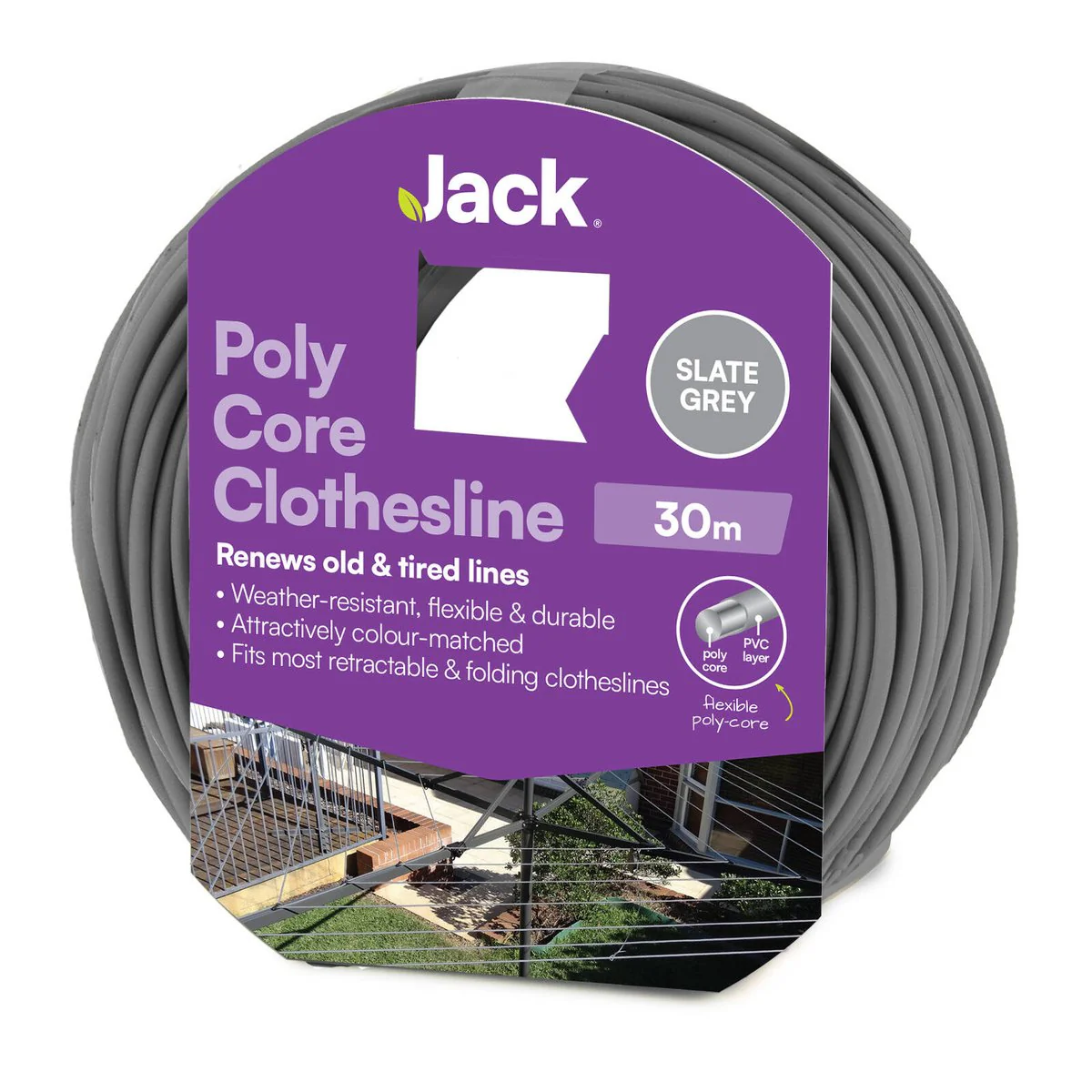 Jack 30m Poly Core Clothesline - Slate Grey - Durable & Weather Resistant