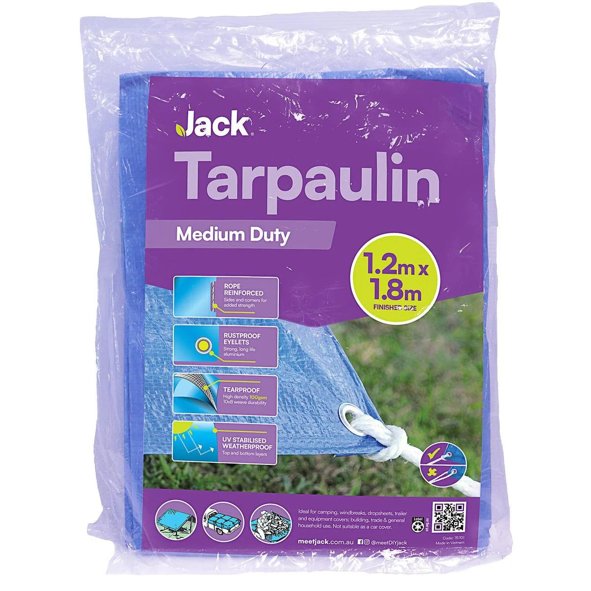 Jack Medium Duty Tarpaulin - 1.2m x 1.8m - Blue - Tear-Resistant, Water-Resistant