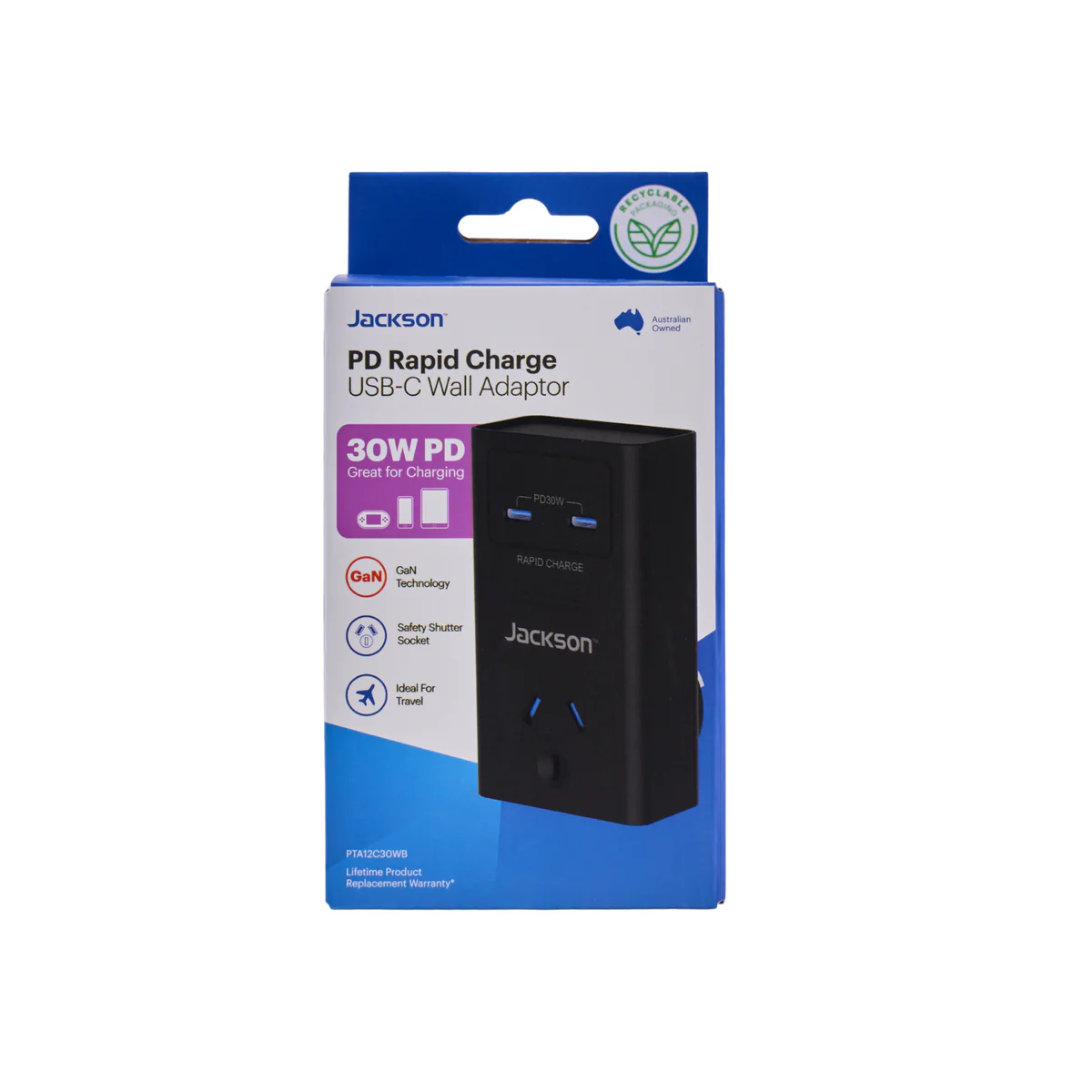 Jackson 1 Outlet Adaptor USB-C 30W x2 - Compact White - Child Safe