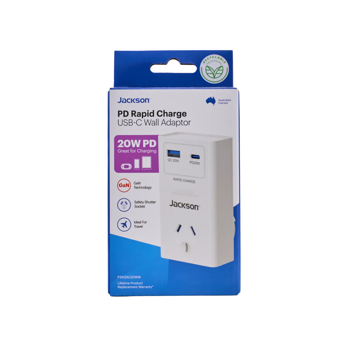 Jackson 1 Outlet Adaptor USB-C & USB-A 20W - Compact White 96mm