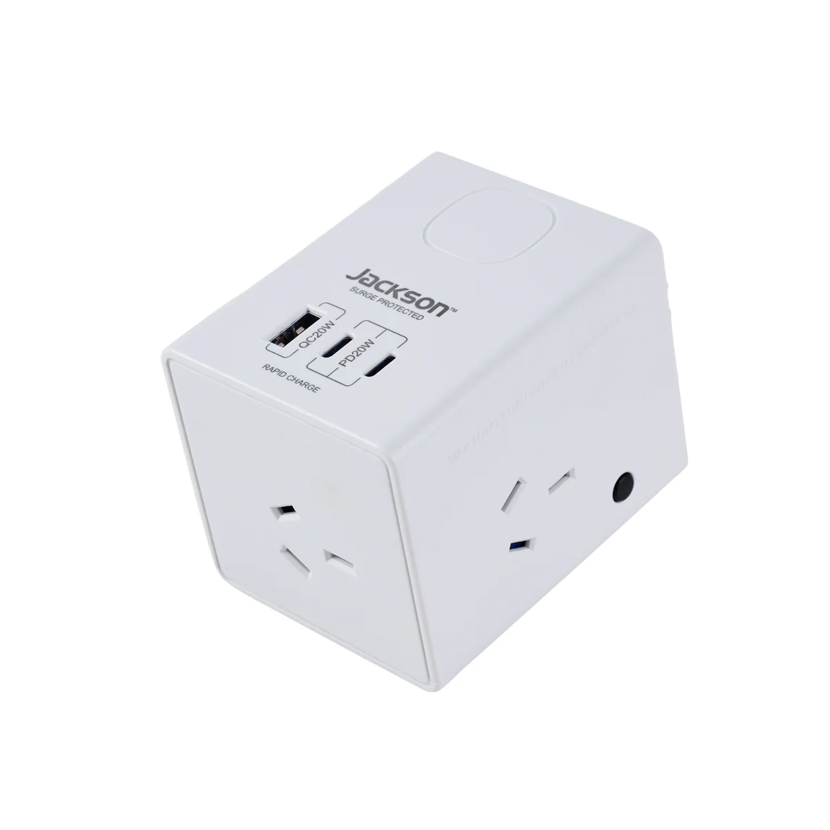 Jackson 3 Outlet Power Cube - 2 PD 20W USB-C & 1 USB-A - 1.2m Lead - White - Image 4