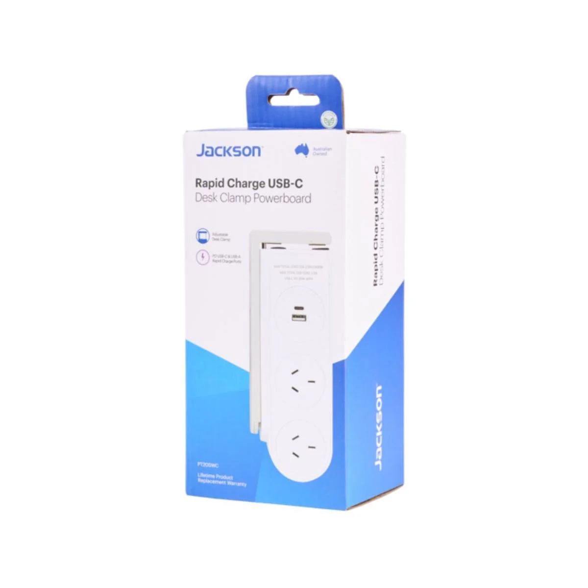 Jackson Rapid Charge USB-C Desk Clamp Powerboard - 2 Outlets - 1.5m Lead - Adjustable Clamp