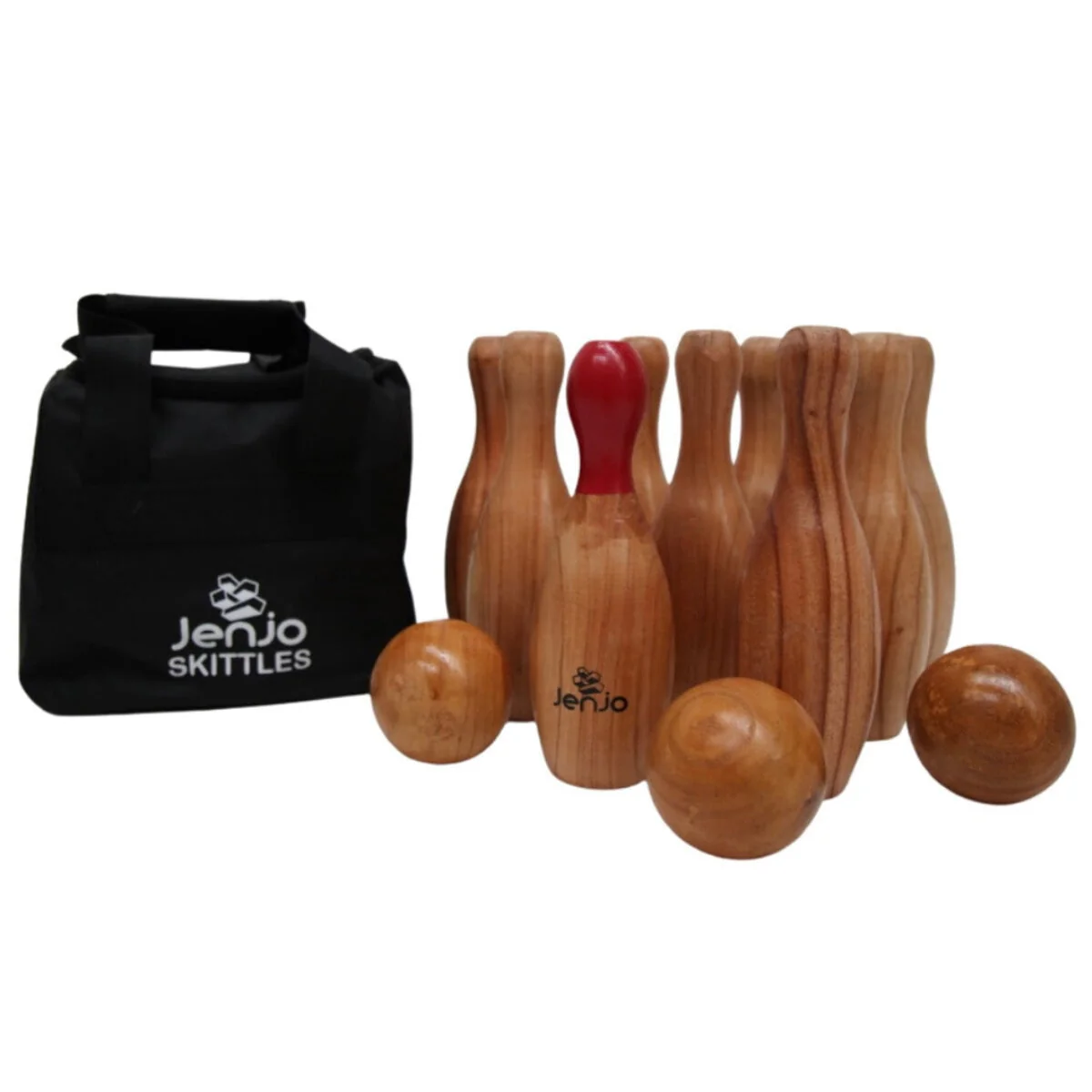 Jenjo Wooden Skittles Game Set Portable with Carry Bag Natural Hardwood