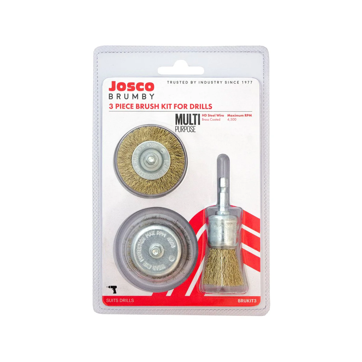 Josco 3 Piece Drill Brush Kit - 205mm x 185mm x 45mm - Brass Coated Steel - Image 3