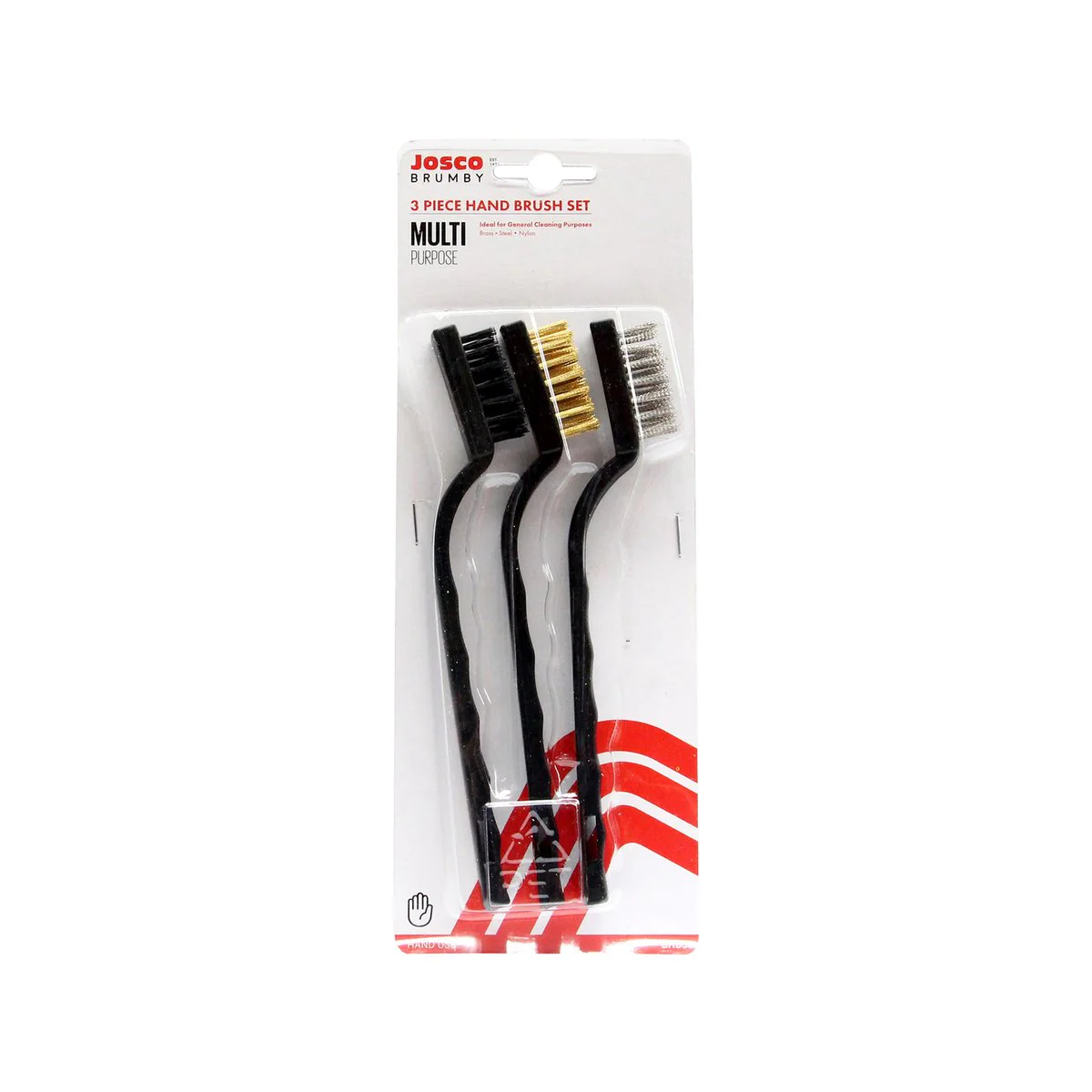 Josco 3 Piece Hand Wire Brush Kit - Steel Brass Nylon Brushes - 20mm x 15mm - Black - Image 2