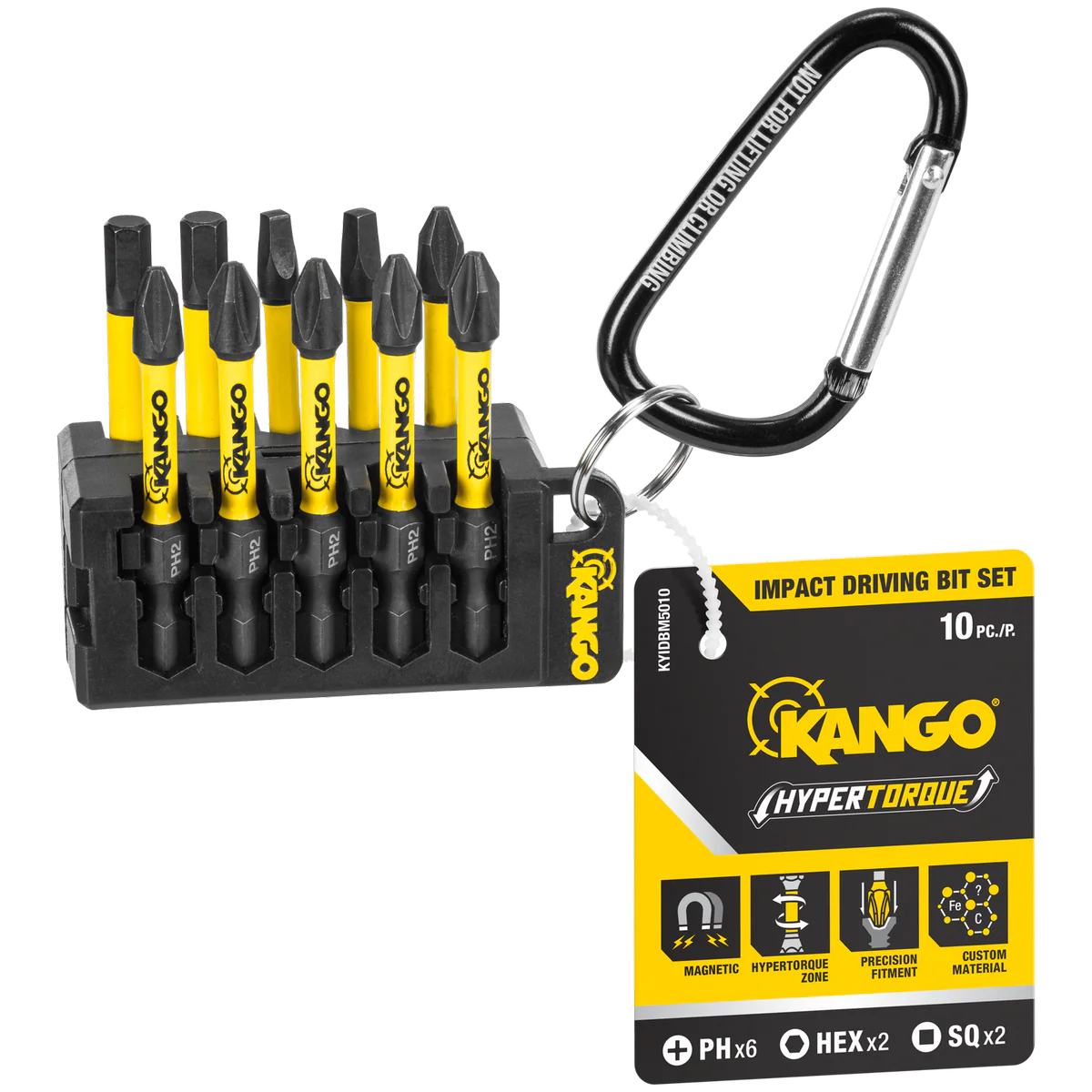 Kango 10 Piece Impact Driver Bit Set - 50mm - HyperTorque - Bit Holder