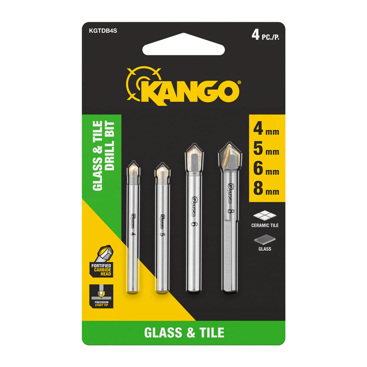 Kango 4pc Glass Tile Drill Bit Set - 4mm 5mm 6mm 8mm - Carbide Heads - Precision Drilling