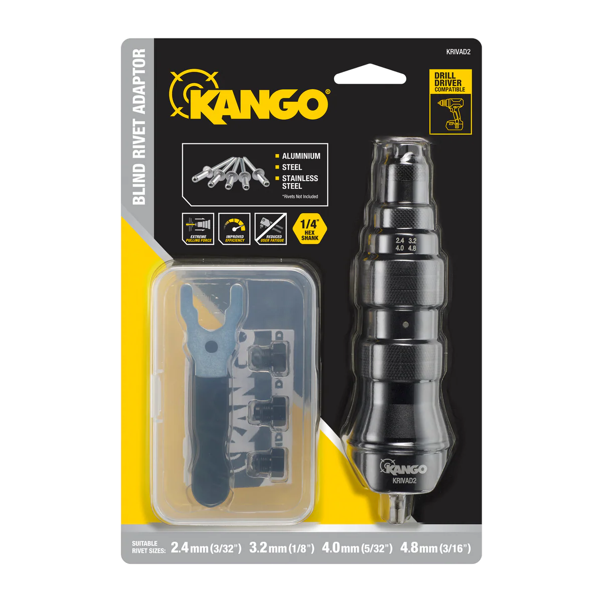Kango Blind Pop Rivet Drill Adaptor - 4 Nose Pieces - 2.4mm to 4.8mm