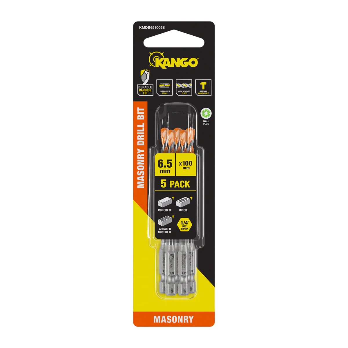Kango Masonry Drill Bit 5 Pack - 6.5mm x 100mm - Durable Carbide Tip