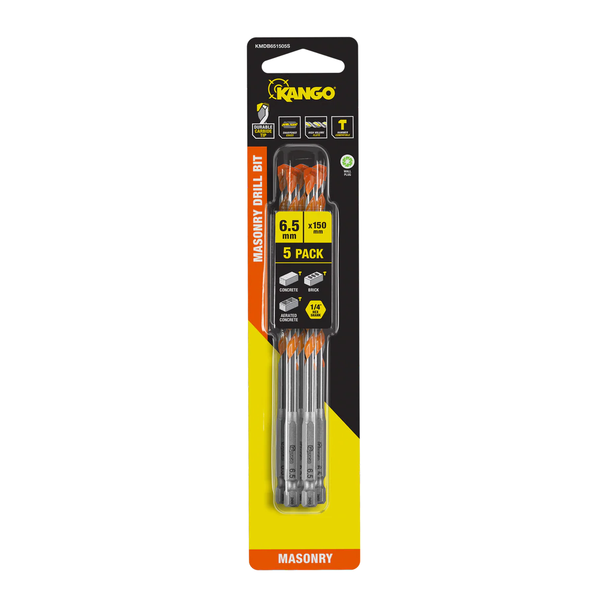Kango Masonry Drill Bit 5 Pack - 6.5mm x 150mm - Durable Carbide Tip