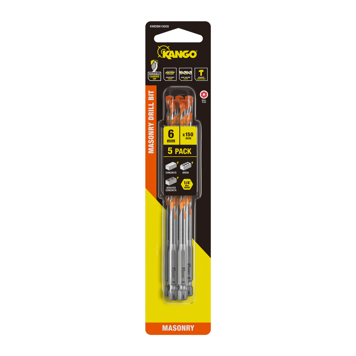 Kango Masonry Drill Bit 5 Pack - 6mm x 150mm - Durable Carbide Tip