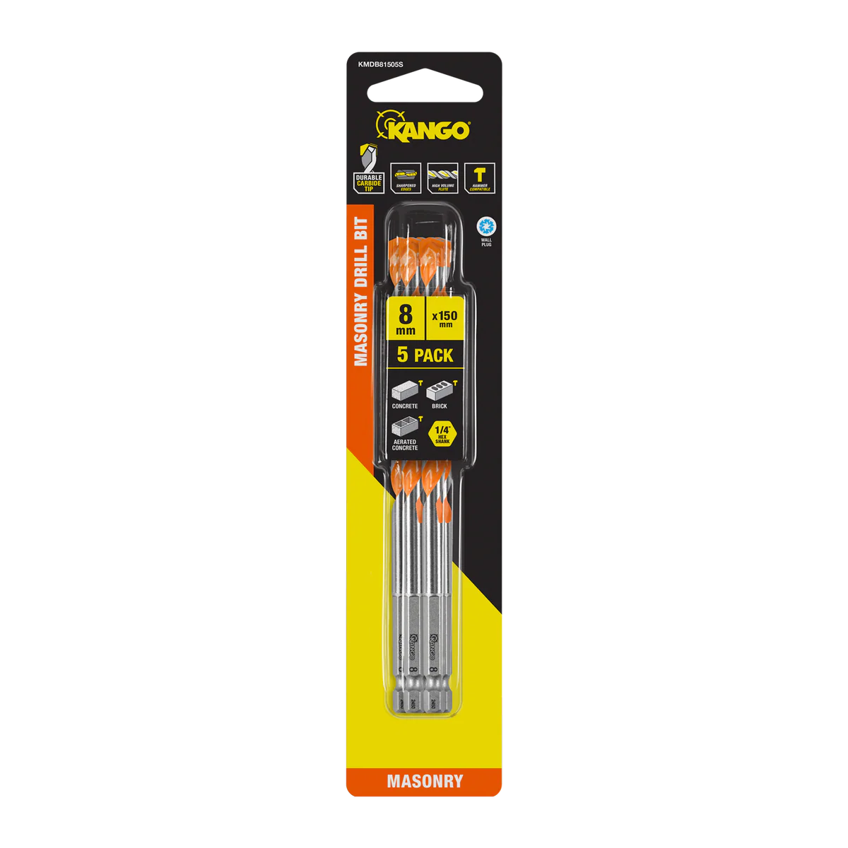 Kango Masonry Drill Bit 5 Pack - 8mm x 150mm - Durable Carbide Tip