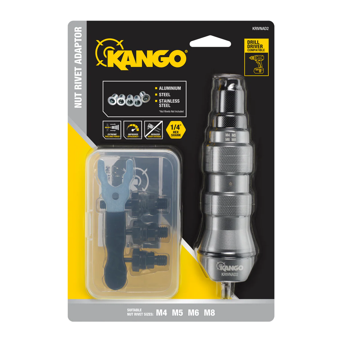 Kango Nut Rivet Drill Adaptor - M4 M5 M6 M8 Mandrels - 254mm x 51mm x 174.4mm - High Pulling Force