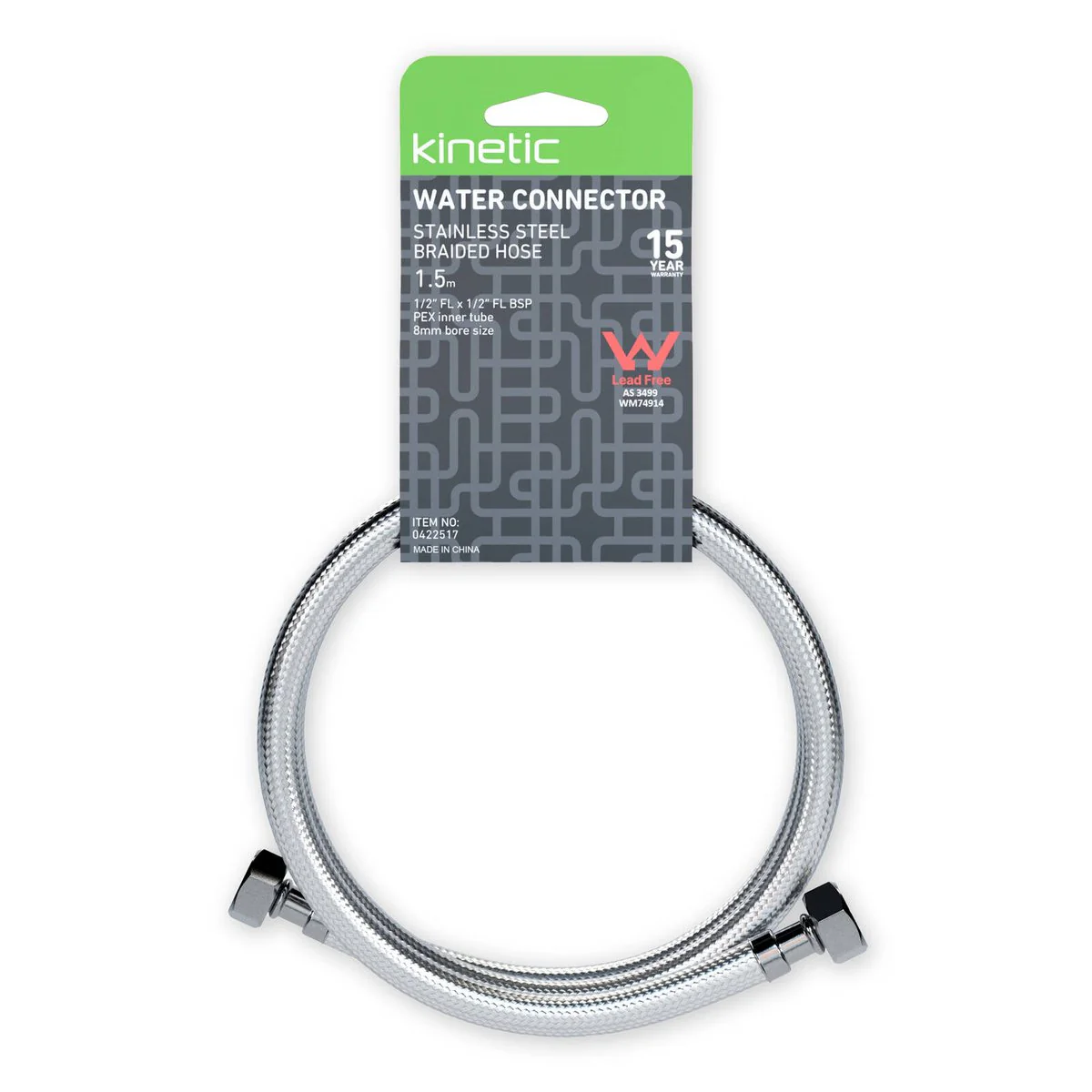 Kinetic 1500mm Stainless Steel Flexible Braided Hose Water Connector - Durable Plumbing Solution - 1/2" Female BSP - Corrosion Resistant - Image 2