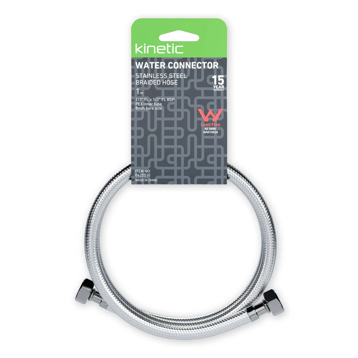 Kinetic Stainless Steel Flexible Braided Hose Water Connector 1000mm - 1/2" BSP - Durable & Corrosion Resistant - Image 2